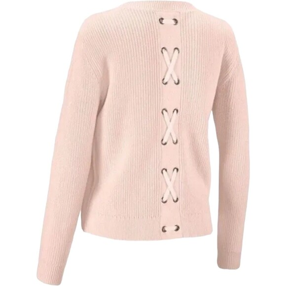 CABI Eliza Lace Up Light Pink Sweater Cardigan Size Medium Style 3357 V Neck - Picture 3 of 14